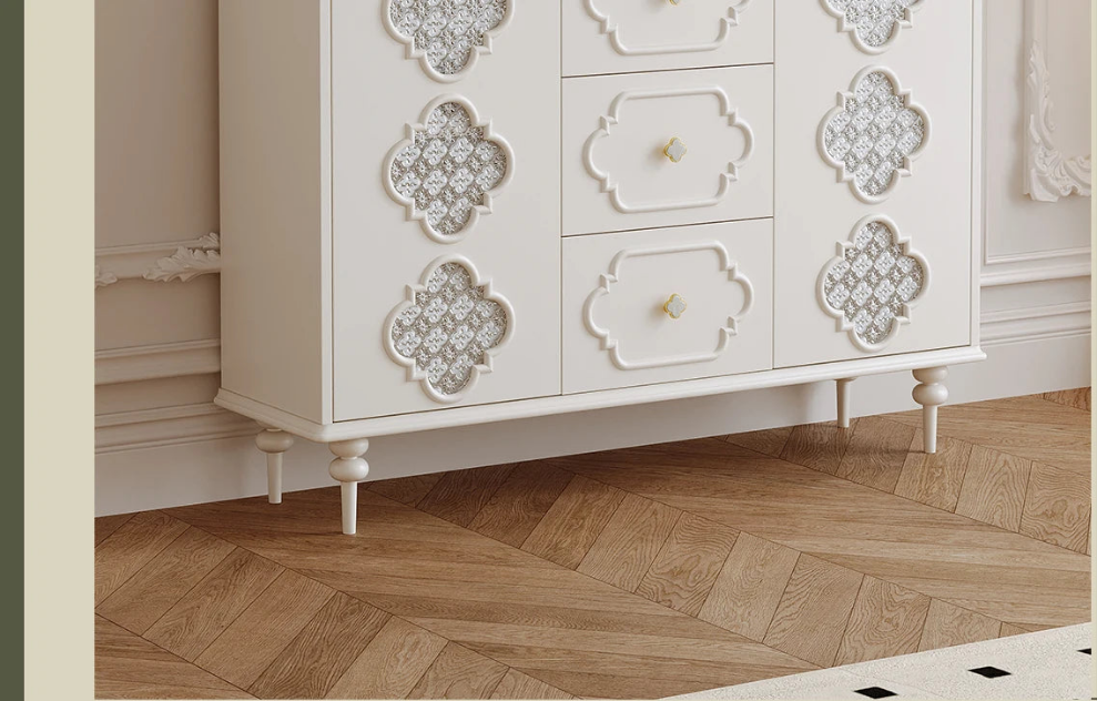 Luxury French Retro Sideboard Buffet Cabinet – Handcrafted Solid Wood with Begonia Glass & Designer Fretwork