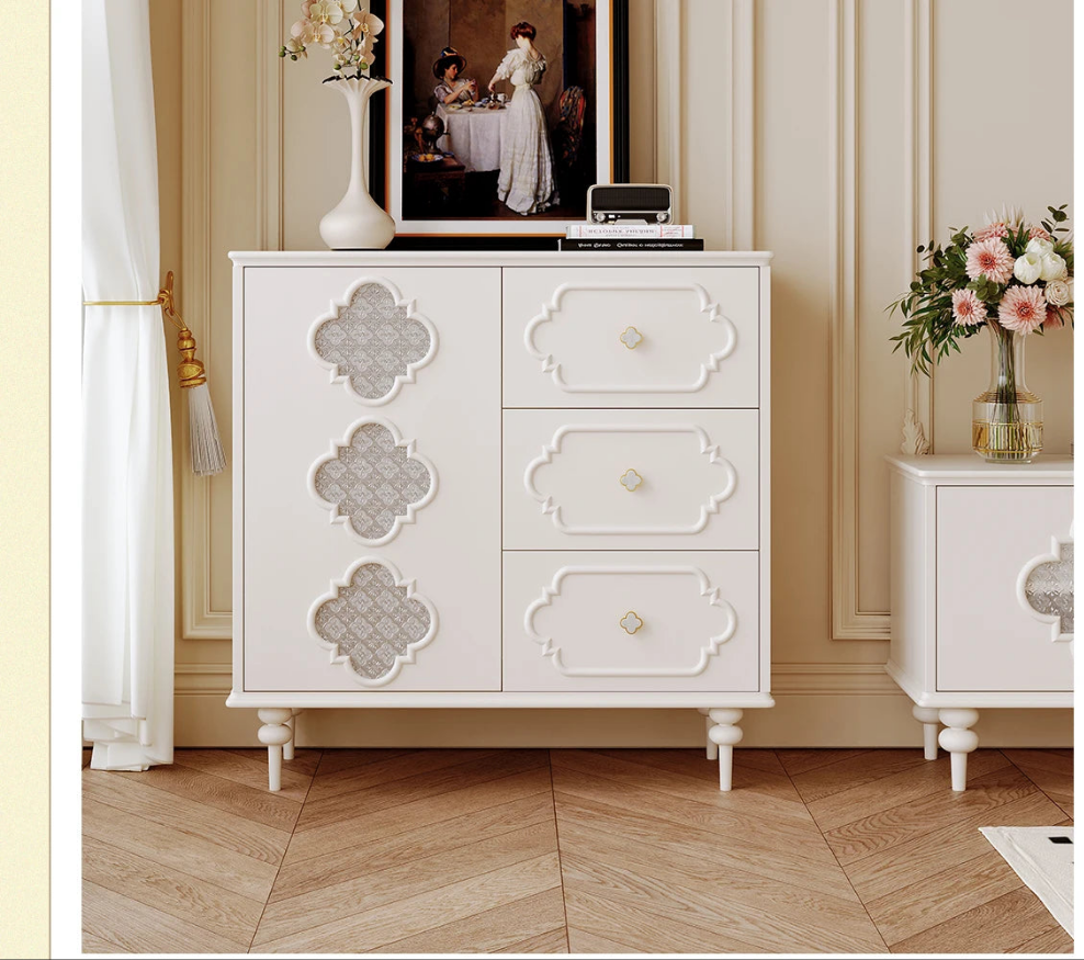 Luxury French Retro Sideboard Buffet Cabinet – Handcrafted Solid Wood with Begonia Glass & Designer Fretwork