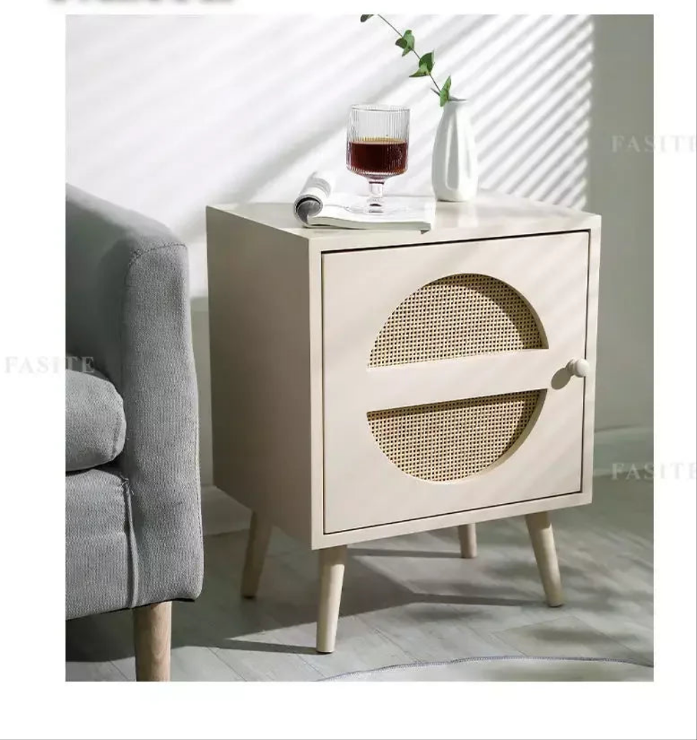 Scandinavian Cane Webbing Bedside Table – Modern Nordic Nightstand in Natural Wood Finish WHIMSICAL HOME OF CREATIONS