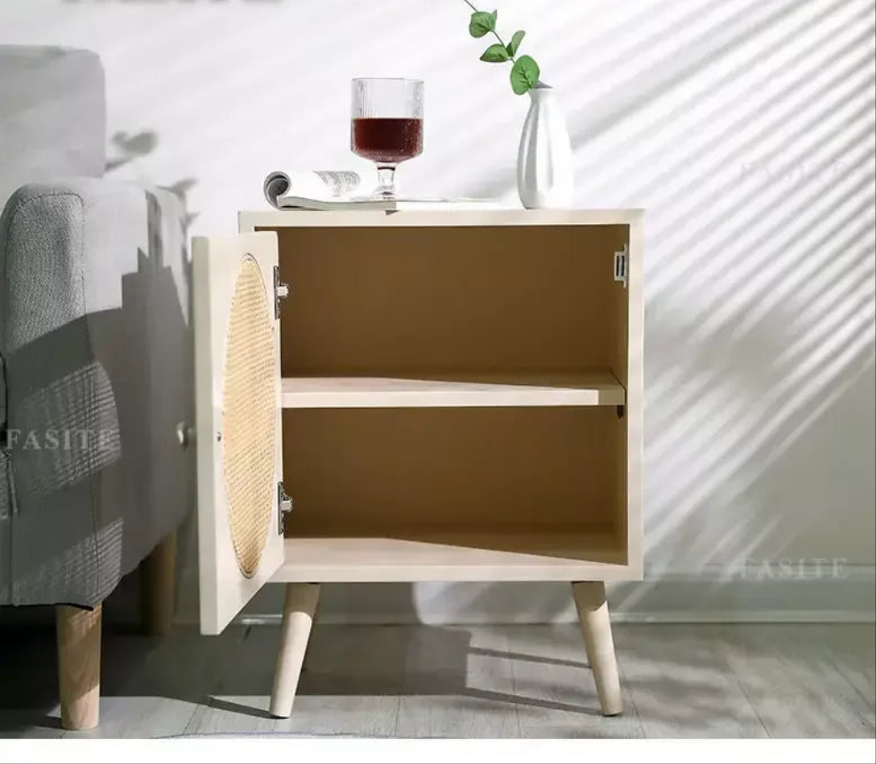 Scandinavian Cane Webbing Bedside Table – Modern Nordic Nightstand in Natural Wood Finish WHIMSICAL HOME OF CREATIONS