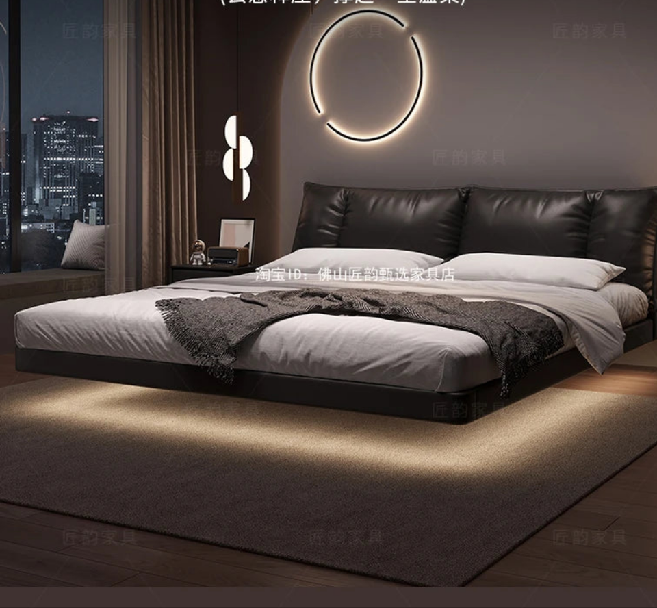 Truffle Brown Floating Modern Retro Genuine Leather Bed with Storage & Nightstands(Floats 15cm from ground)