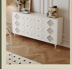 Luxury French Retro Sideboard Buffet Cabinet – Handcrafted Solid Wood with Begonia Glass & Designer Fretwork