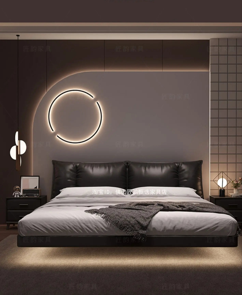 Truffle Brown Floating Modern Retro Genuine Leather Bed with Storage & Nightstands(Floats 15cm from ground)