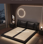 Truffelbruin Egte Leer Drywende Bed met Berging &amp; Nagtafels – Moderne Retro Luukse Ontwerp