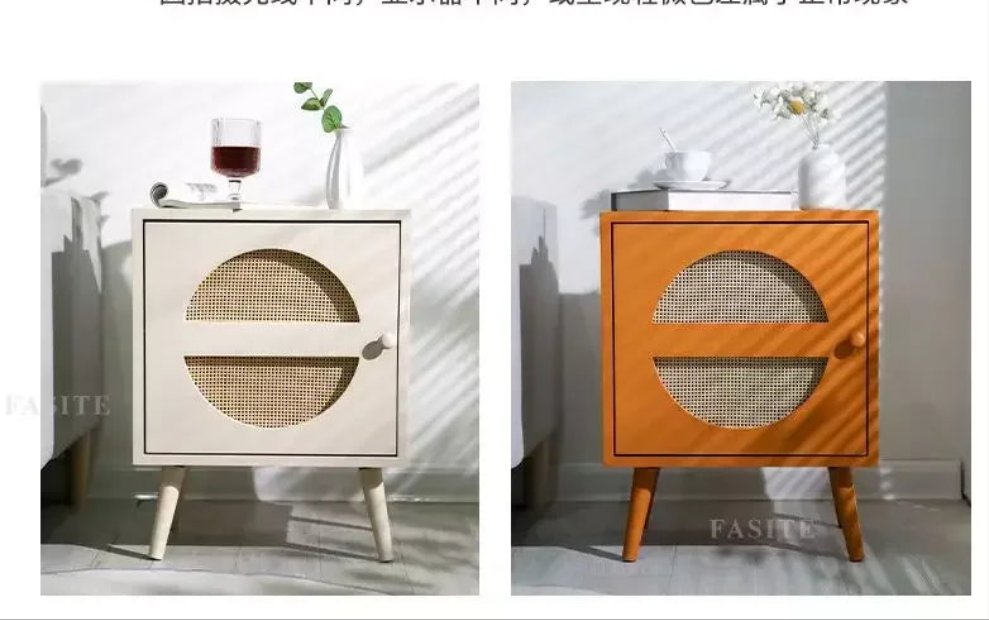 Scandinavian Cane Webbing Bedside Table – Modern Nordic Nightstand in Natural Wood Finish WHIMSICAL HOME OF CREATIONS