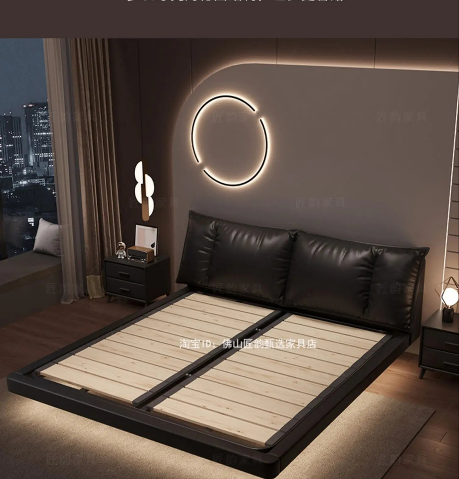 Truffle Brown Floating Modern Retro Genuine Leather Bed with Storage & Nightstands(Floats 15cm from ground)