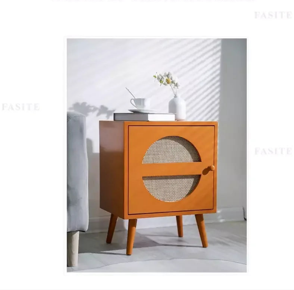 Scandinavian Cane Webbing Bedside Table – Modern Nordic Nightstand in Natural Wood Finish WHIMSICAL HOME OF CREATIONS