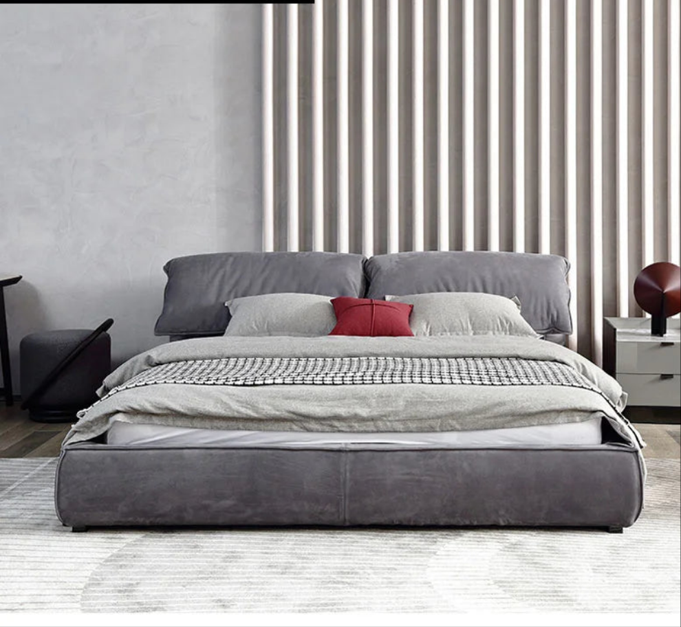 Luxury Modern Minimalist Upholstered Bed – Solid Wood Platform with Charcoal Velvet & Cloud-Soft Tufted
