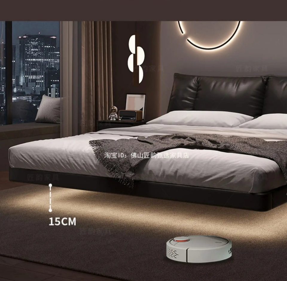 Truffle Brown Floating Modern Retro Genuine Leather Bed with Storage & Nightstands(Floats 15cm from ground)