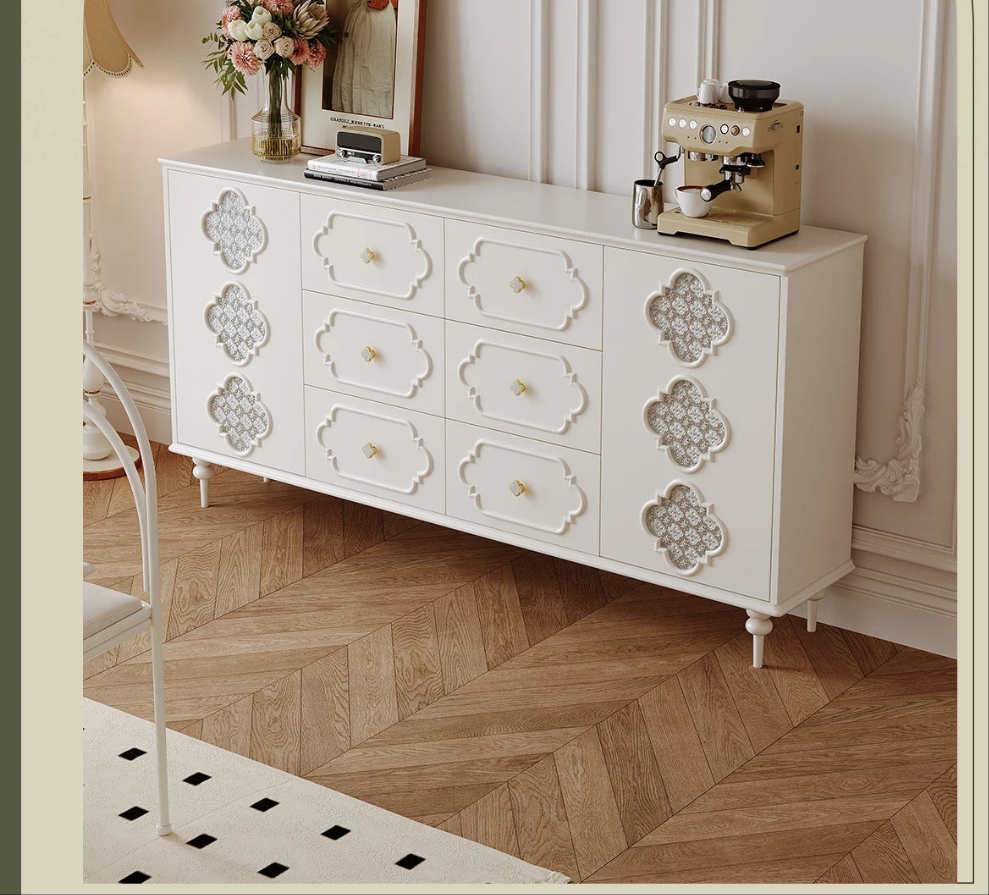 Luxury French Retro Sideboard Buffet Cabinet – Handcrafted Solid Wood with Begonia Glass & Designer Fretwork