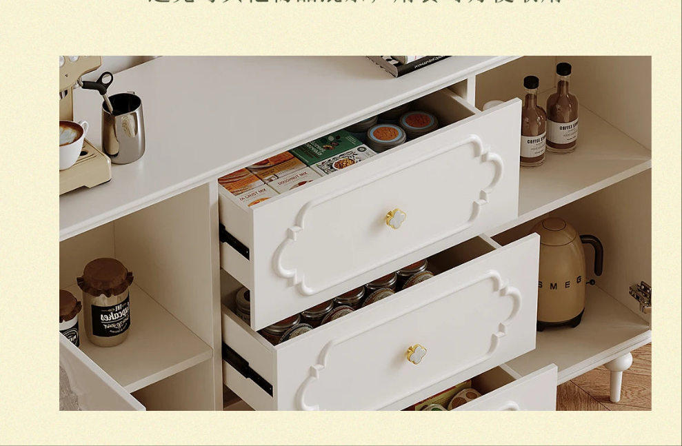Luxury French Retro Sideboard Buffet Cabinet – Handcrafted Solid Wood with Begonia Glass & Designer Fretwork