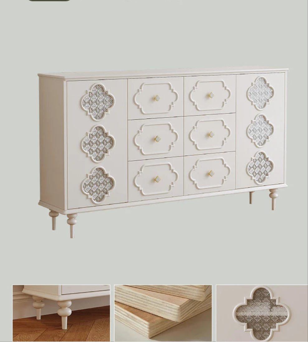 Luxury French Retro Sideboard Buffet Cabinet – Handcrafted Solid Wood with Begonia Glass & Designer Fretwork
