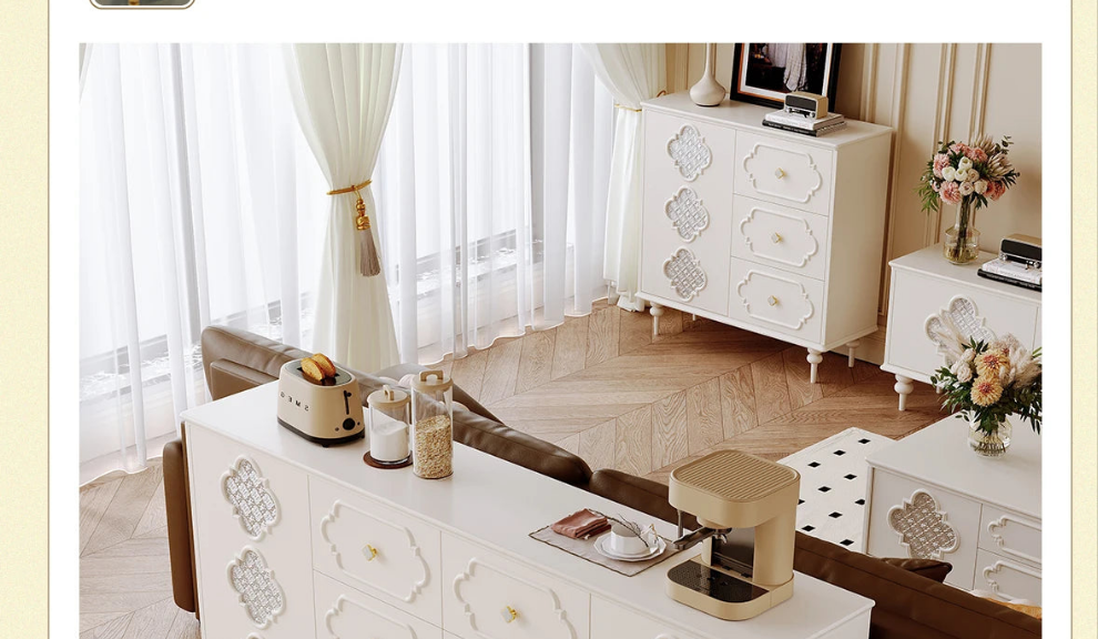 Luxury French Retro Sideboard Buffet Cabinet – Handcrafted Solid Wood with Begonia Glass & Designer Fretwork