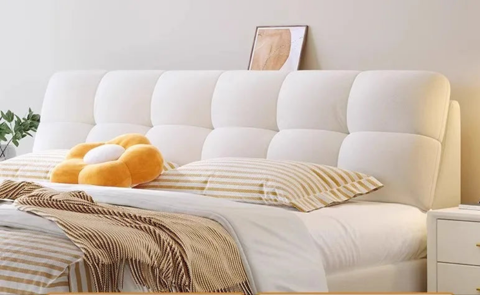Top Grain Leather Bed – Cream Double Size Modern Minimalist Upholstered Frame