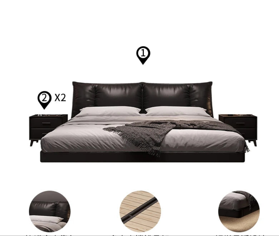 Truffle Brown Floating Modern Retro Genuine Leather Bed with Storage & Nightstands(Floats 15cm from ground)