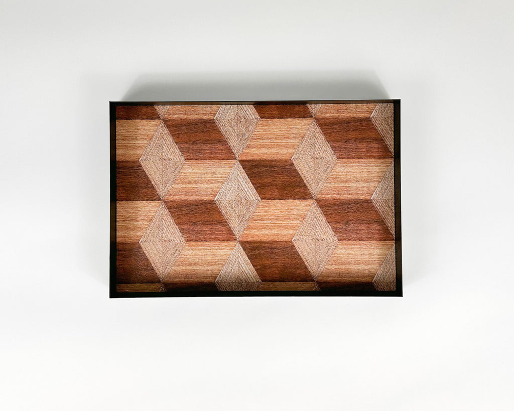 June Rectangle Iron Serving Tray with Wood-Effect Liner – Modern Decorative Metal Tray for Coffee Table or Dining Décor