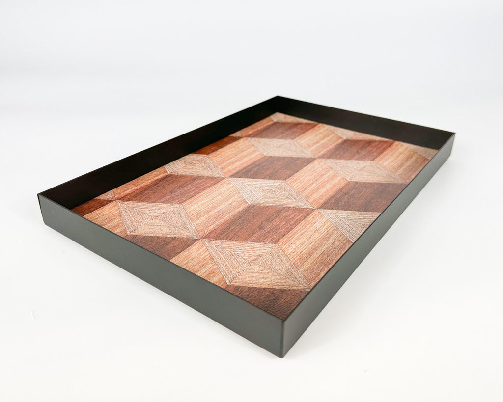 June Rectangle Iron Serving Tray with Wood-Effect Liner – Modern Decorative Metal Tray for Coffee Table or Dining Décor