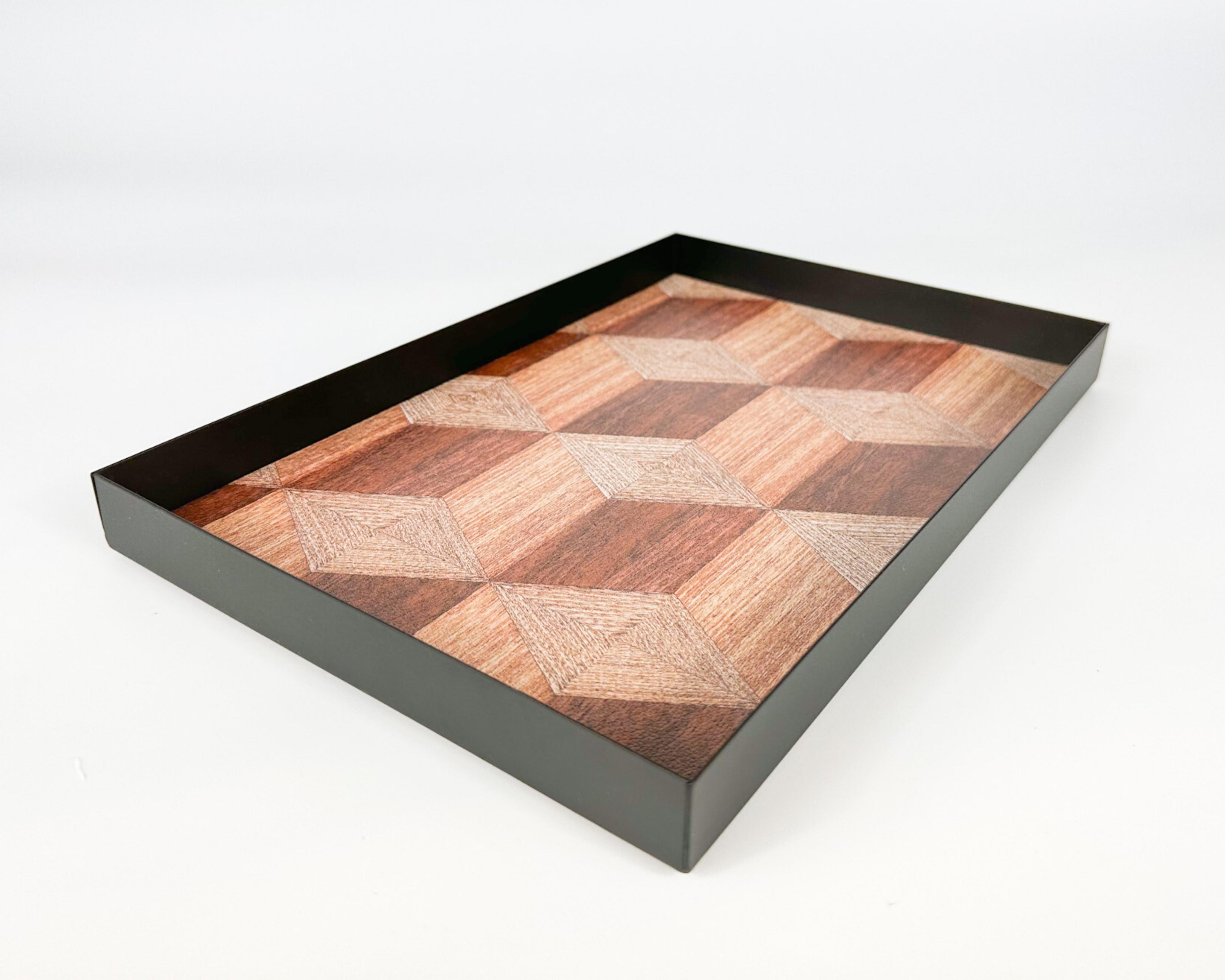 June Rectangle Iron Serving Tray with Wood-Effect Liner – Modern Decorative Metal Tray for Coffee Table or Dining Décor