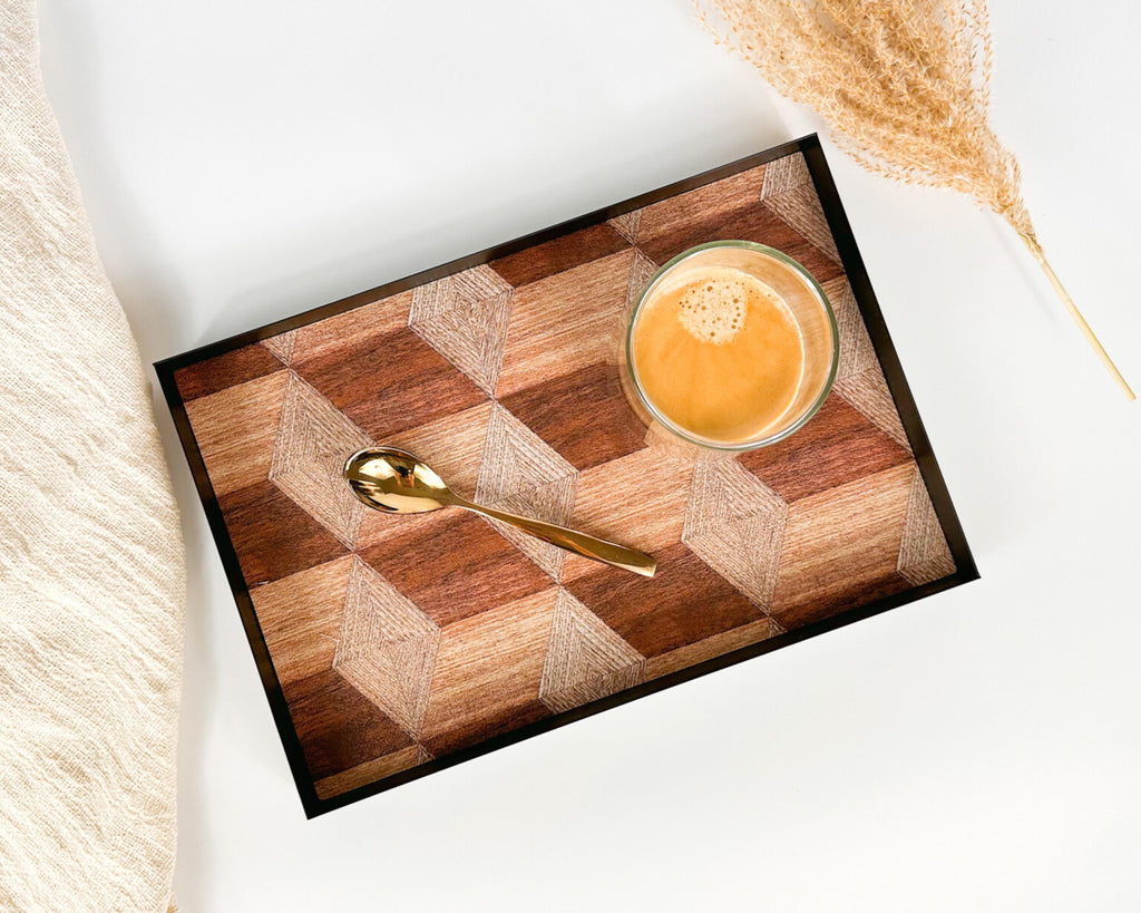 June Rectangle Iron Serving Tray with Wood-Effect Liner – Modern Decorative Metal Tray for Coffee Table or Dining Décor