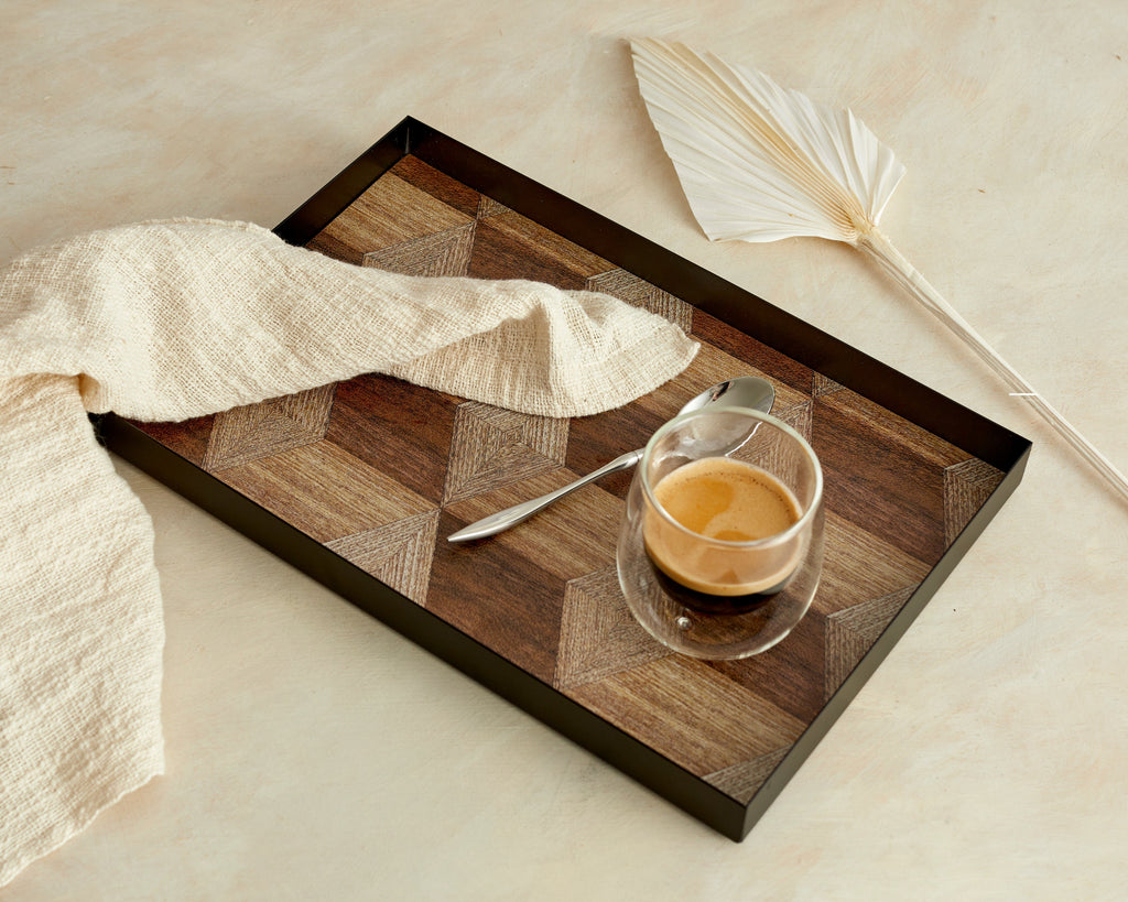 June Rectangle Iron Serving Tray with Wood-Effect Liner – Modern Decorative Metal Tray for Coffee Table or Dining Décor