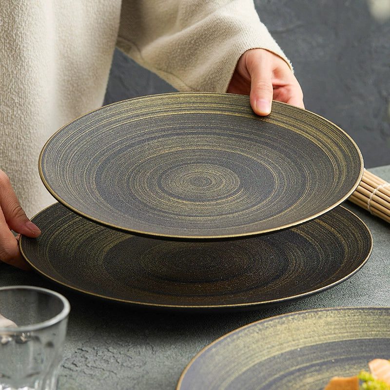 GOSEUNG Luxury Black & Gold Ceramic Dinner Plate Wujin Sand Matte Fine Dining Tableware