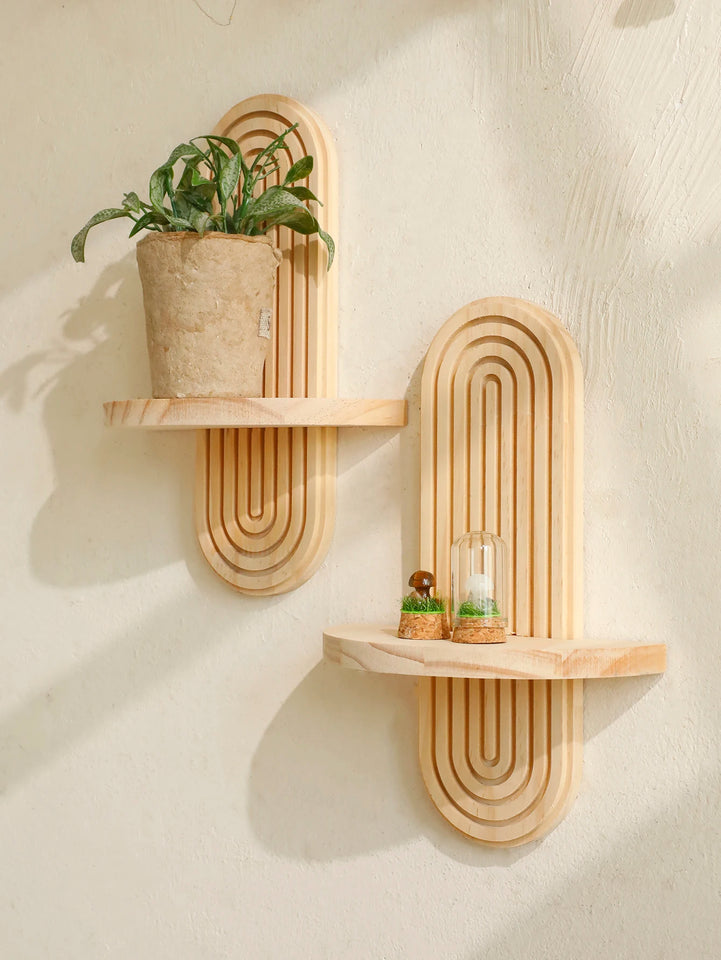 Geometric Wall Mounted Wooden  Shelves Natural Wood Finish