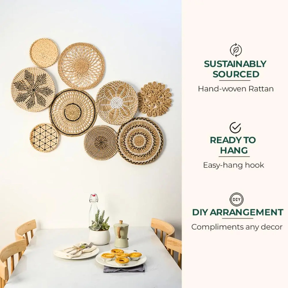 9-Piece Boho & Hamptons Style Rattan Wall Hanging Set – Neutral Tones & Timeless Sophistication