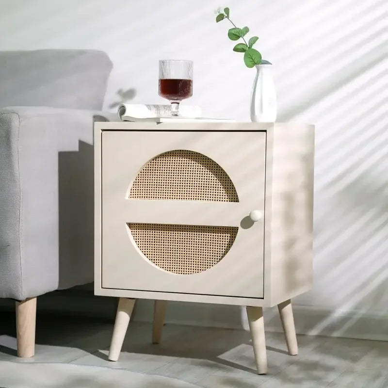 Scandinavian Cane Webbing Bedside Table – Modern Nordic Nightstand in Natural Wood Finish WHIMSICAL HOME OF CREATIONS