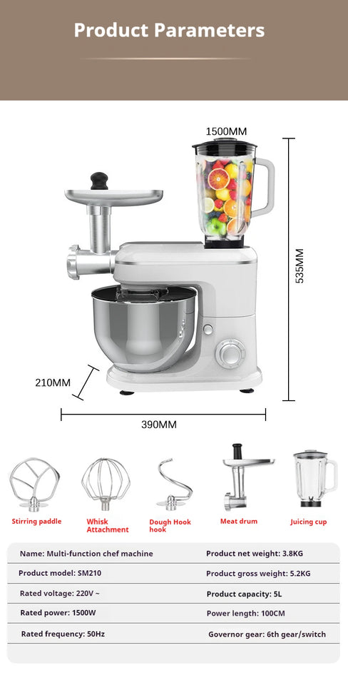 10L Chef Stainless Steel Electric Mixer – 1500W High Power with 6L Bowl & Splash-Proof Cover