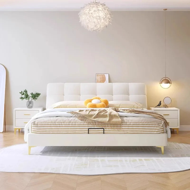 Top Grain Leather Bed – Cream Double Size Modern Minimalist Upholstered Frame