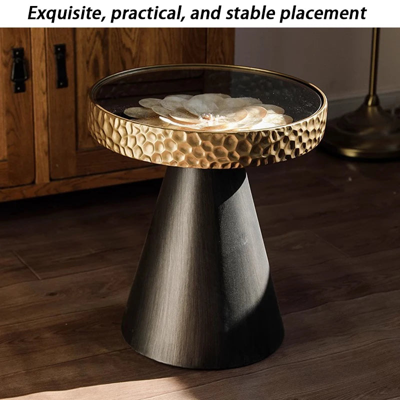 Uitstekende Luukse Art Deco Boho Koffietafel – Handgemaakte Natuurlike Skulp Inlegsel met Smeeyster Geometriese Basis &amp; Glasblad