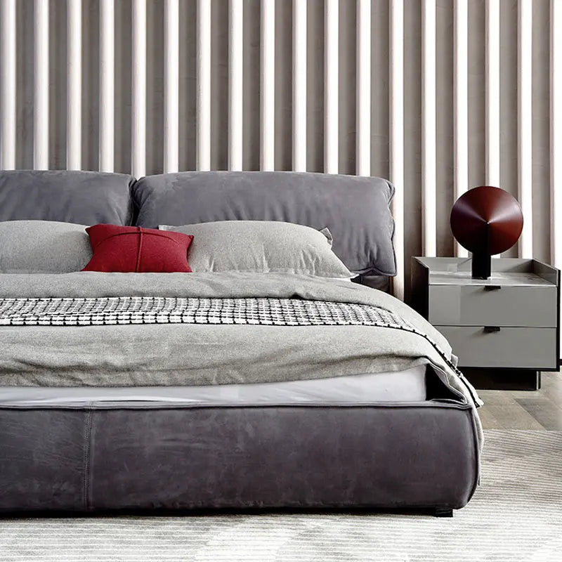 Luxury Modern Minimalist Upholstered Bed – Solid Wood Platform with Charcoal Velvet & Cloud-Soft Tufted