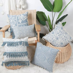 Boho Vintage Linen Pillow Case – Light Blue 45X45cm and 30x50cm