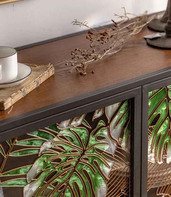 Green & Gold Leaf Vintage Sideboard Cabinet