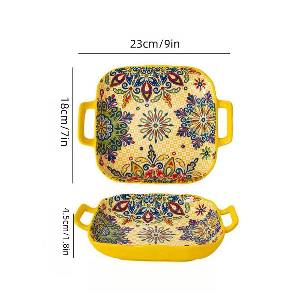 9-Inch Bohemian Retro Ceramic Dish with Double Ears – Oven & Microwave Safe