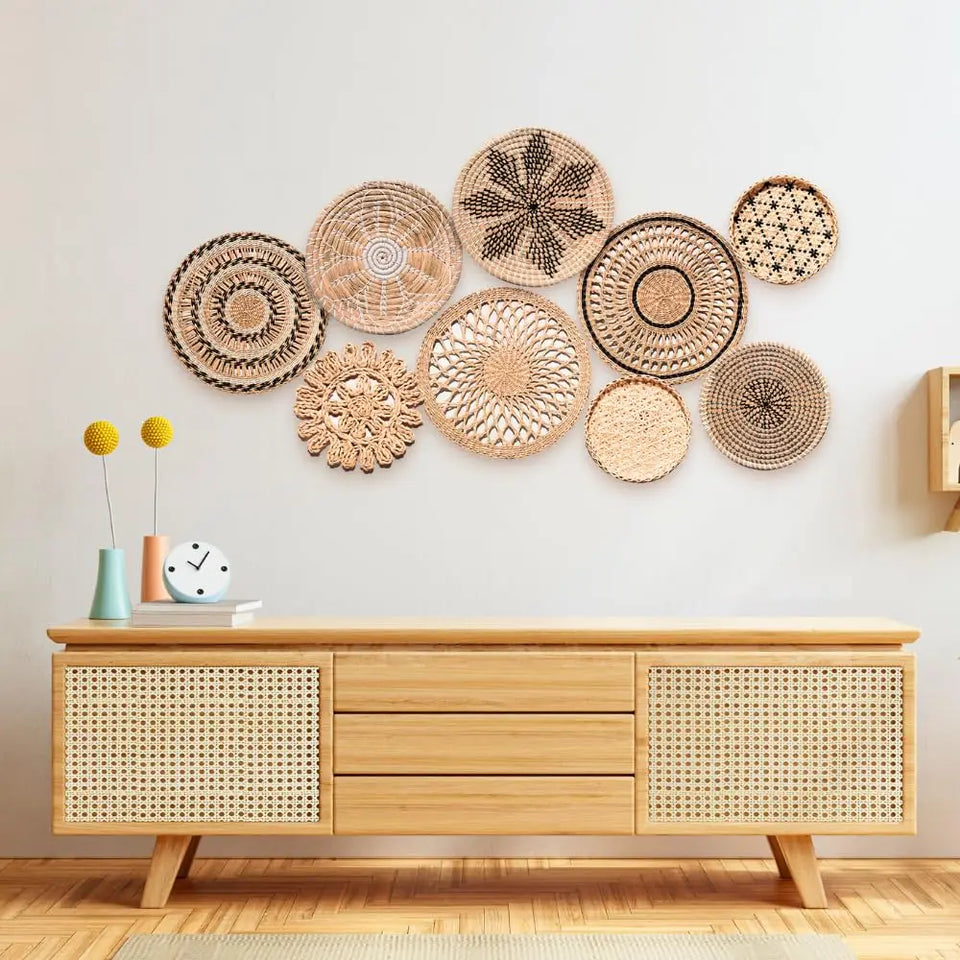 9-Piece Boho & Hamptons Style Rattan Wall Hanging Set – Neutral Tones & Timeless Sophistication