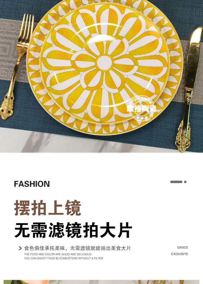Elegant Bone China Dinnerware Set in Diamond Pattern – Sunshine Yellow