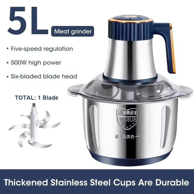 6-Blade Electric Food Processor & Meat Grinder – 5-in-1 High-Power Stainless Steel