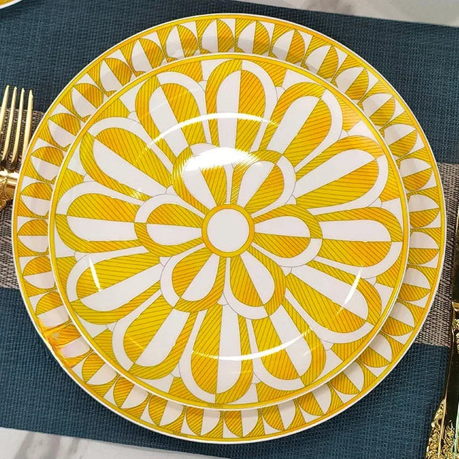 Elegant Bone China Dinnerware Set in Diamond Pattern – Sunshine Yellow