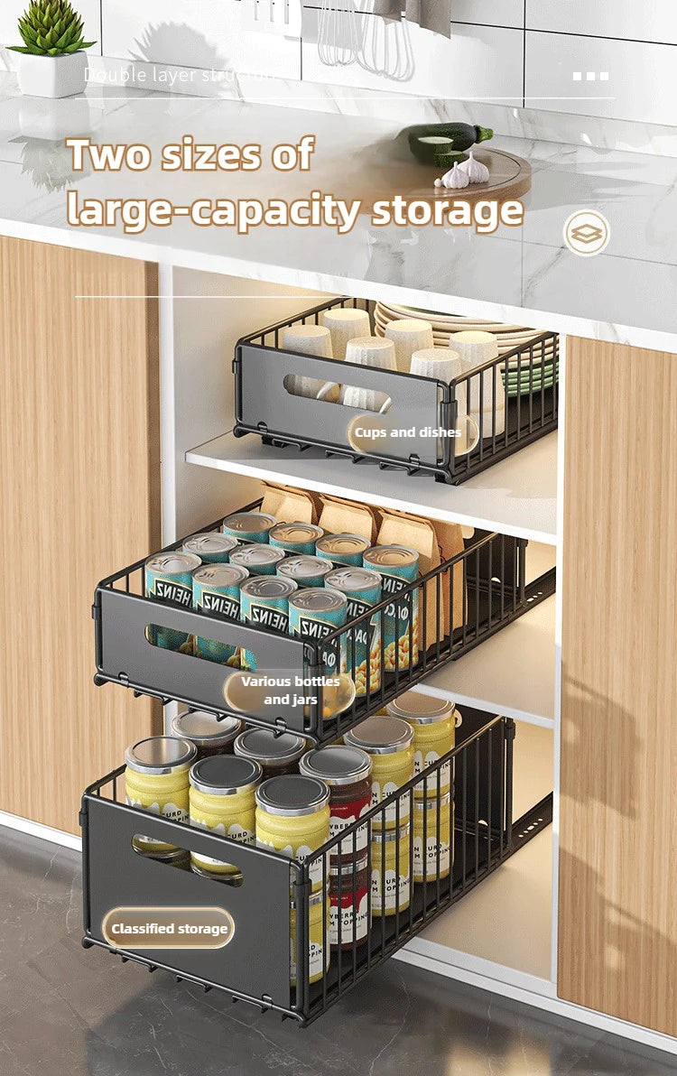 Carbon Steel Pull-Out Folding Cabinet Storage Rack – Double Layer, Heavy-Duty