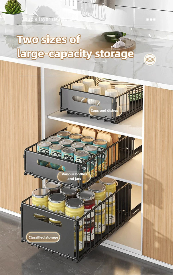 Carbon Steel Pull-Out Folding Cabinet Storage Rack – Double Layer, Heavy-Duty