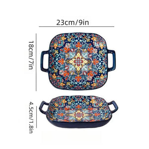 9-Inch Bohemian Retro Ceramic Dish with Double Ears – Oven & Microwave Safe