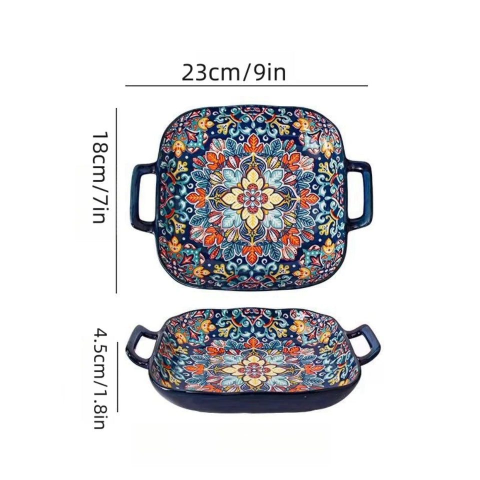 9-Inch Bohemian Retro Ceramic Dish with Double Ears – Oven & Microwave Safe