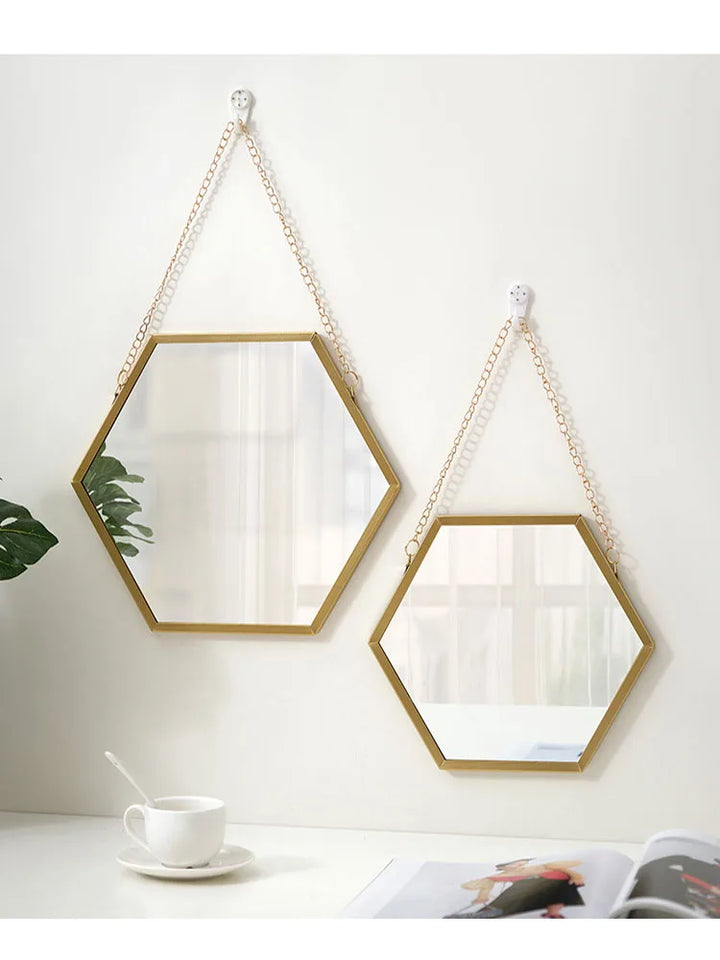 Elegant Iron Hexagonal Hanging Wall Mirror – Gold