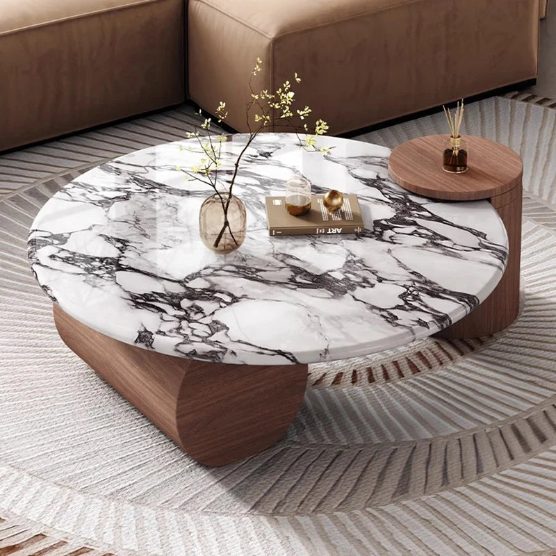 Moderne Hedendaagse Luukse Marmer Koffietafel – Minimalistiese Natuursteen met Massiewe Houtraam