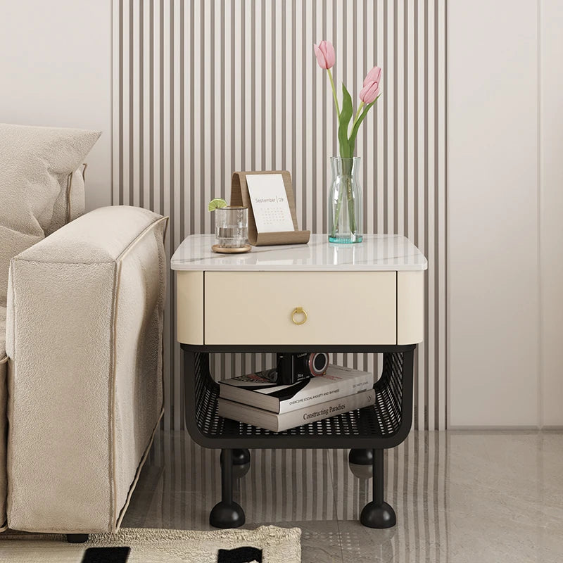 Luxury Modern Minimalist Scandinavian Nightstand – Marble Top with Woven Metal Storage