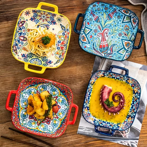 9-Inch Bohemian Retro Ceramic Dish with Double Ears – Oven & Microwave Safe