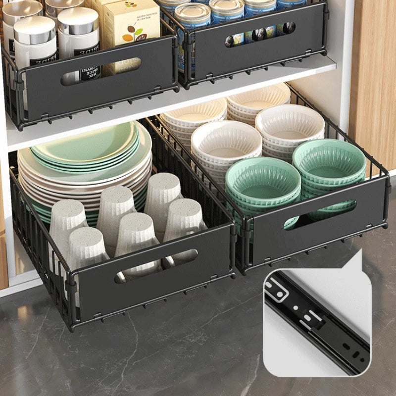 Carbon Steel Pull-Out Folding Cabinet Storage Rack – Double Layer, Heavy-Duty