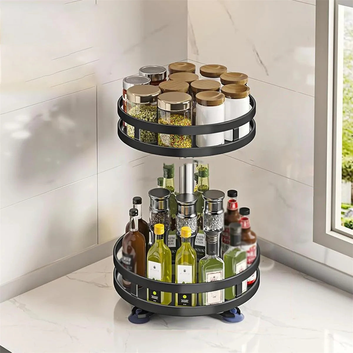 360° Rotating Carbon Steel Spice Rack Organizer – Adjustable Multi-Layer with Suction Cups