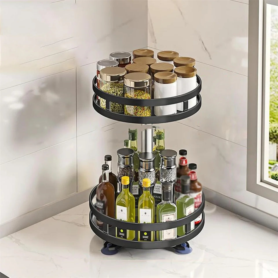 360° Rotating Carbon Steel Spice Rack Organizer – Adjustable Multi-Layer with Suction Cups